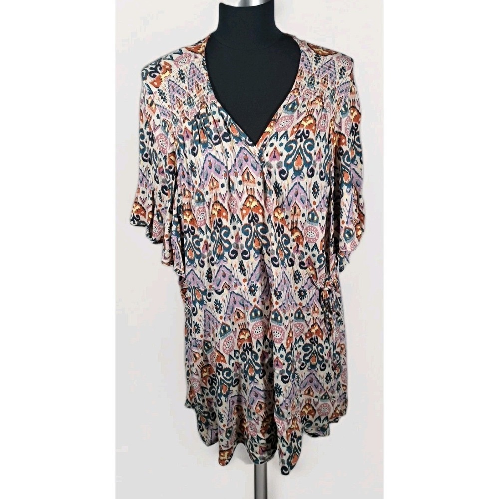 Torrid Plus Size 4 Boho‎ Print V Neck Kimono Sleeve Tunic Dress Beige Multi
